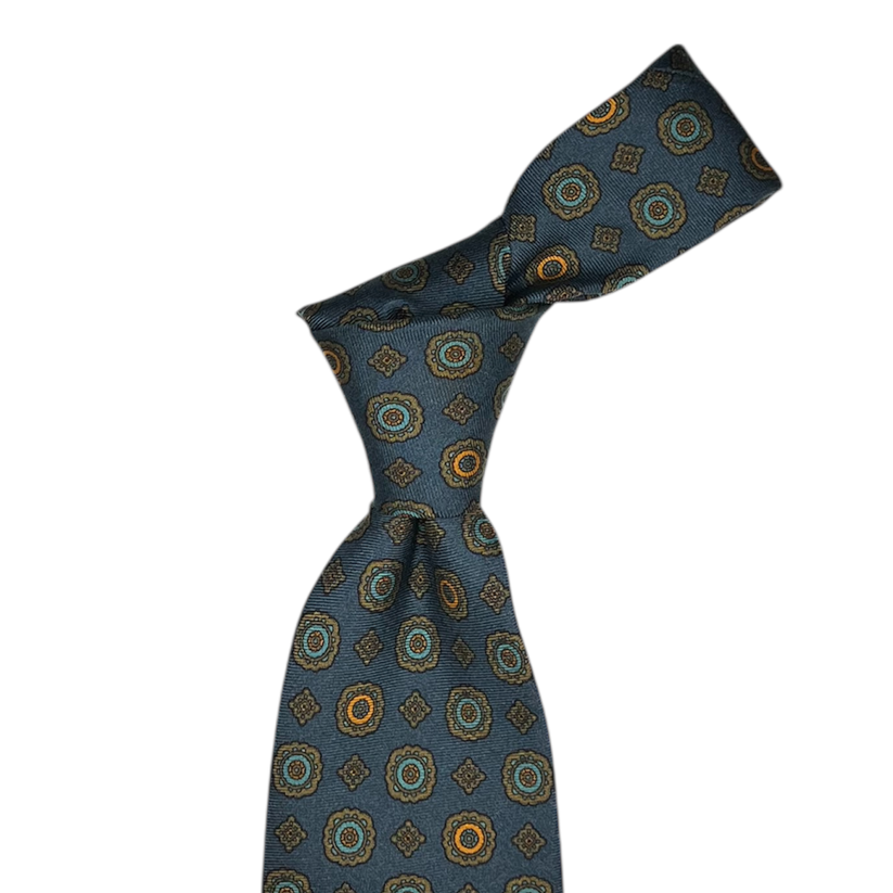 Tie - Denim Blue w/ Orange, Tan and Blue Foulard