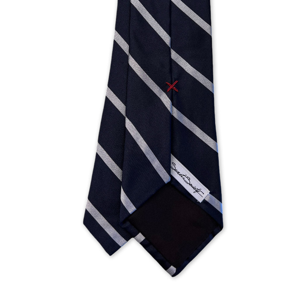 Tie - Navy w White Herringbone Stripe