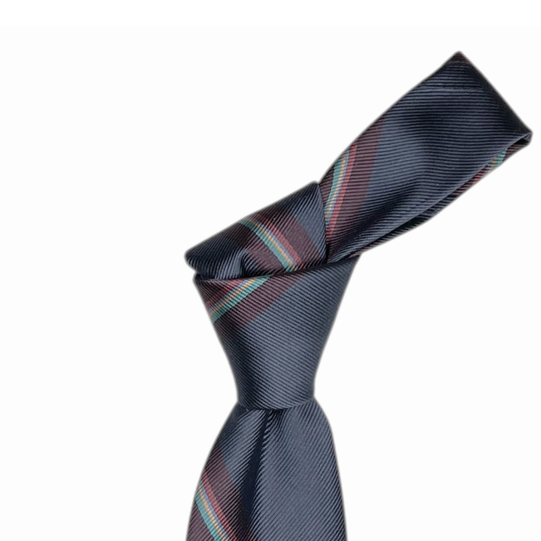 Tie - Dusty Blueish Gray w/ Maroon, Rose, Turquoise and Yellow Stripe