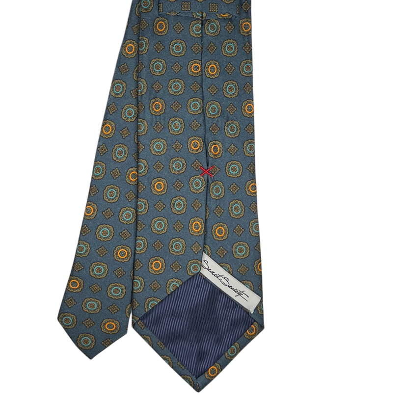Tie - Denim Blue w/ Orange, Tan and Blue Foulard