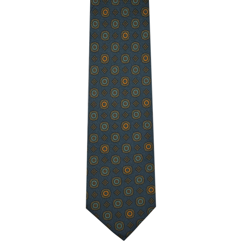 Tie - Denim Blue w/ Orange, Tan and Blue Foulard