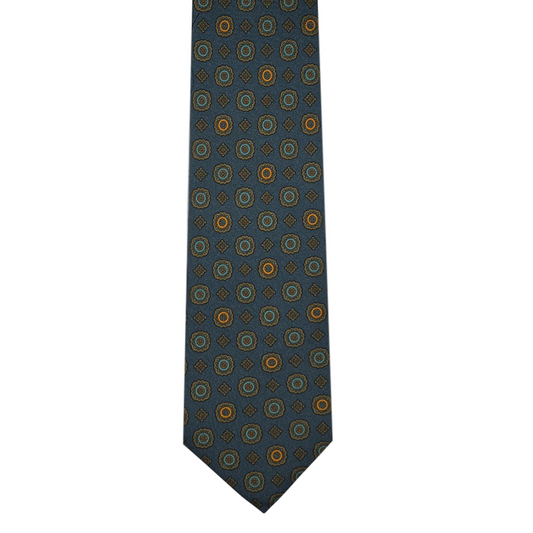 Tie - Denim Blue w/ Orange, Tan and Blue Foulard
