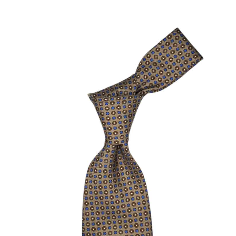 Tie - Tan w/ Brown, Bone and Blue Geometric