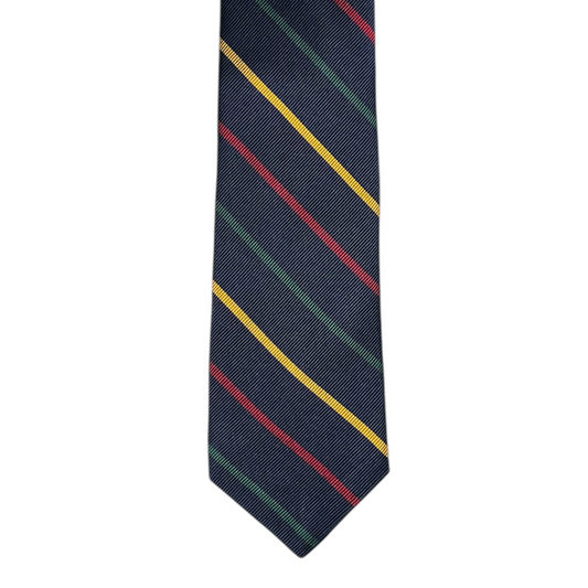 Tie - Navy w/ Green Yellow and Red Stripe