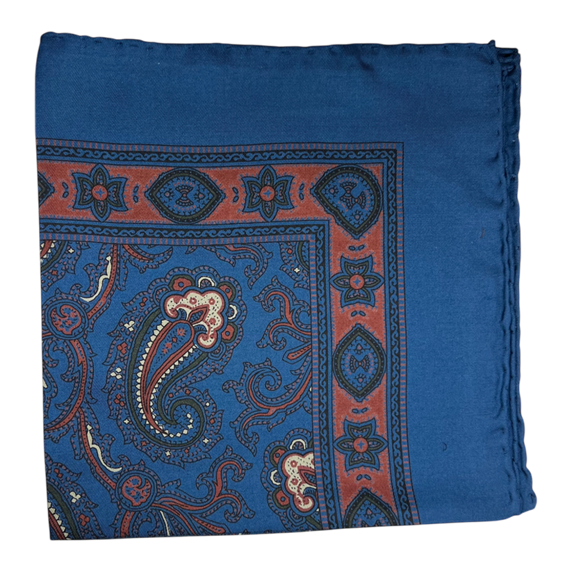 Pocket Square - Blue w/ Rose Paisley