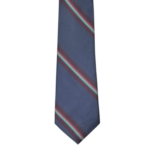 Tie - Dusty Blueish Gray w/ Maroon, Rose, Turquoise and Yellow Stripe