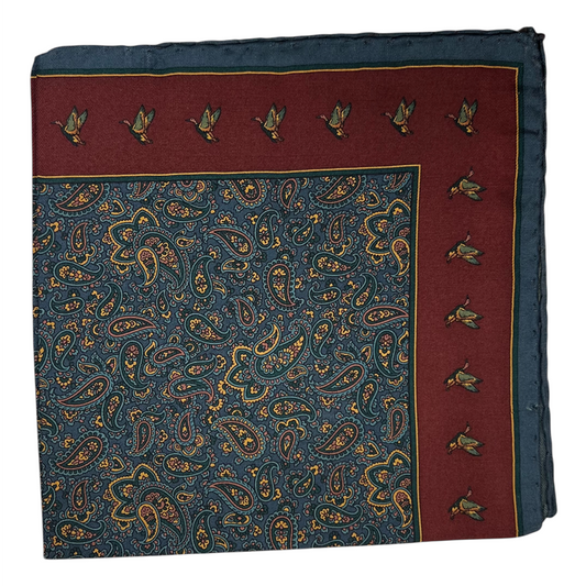Pocket Square - Teal and Maroon Mallard Paisley