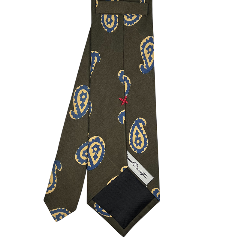 Tie - Olive w/ Bone and Blue Large Paisley
