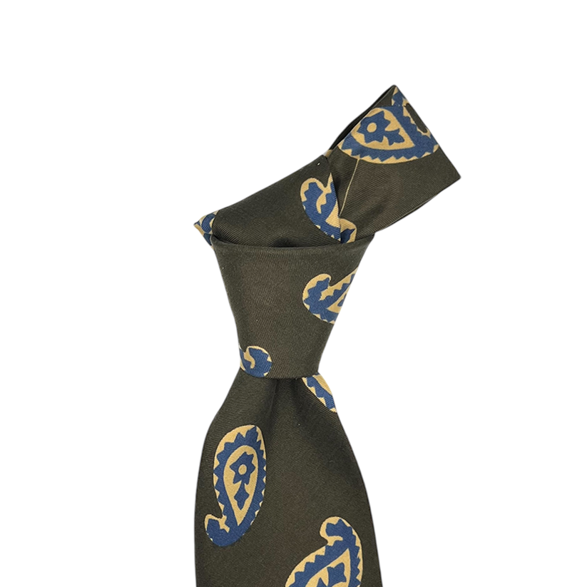 Tie - Olive w/ Bone and Blue Large Paisley