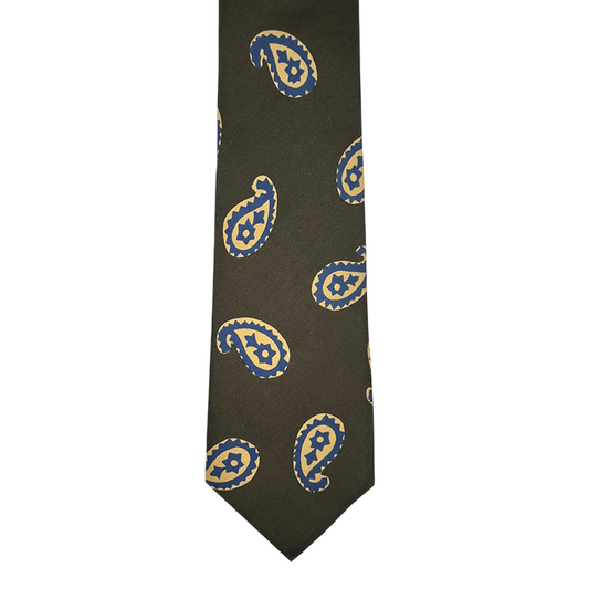Tie - Olive w/ Bone and Blue Large Paisley
