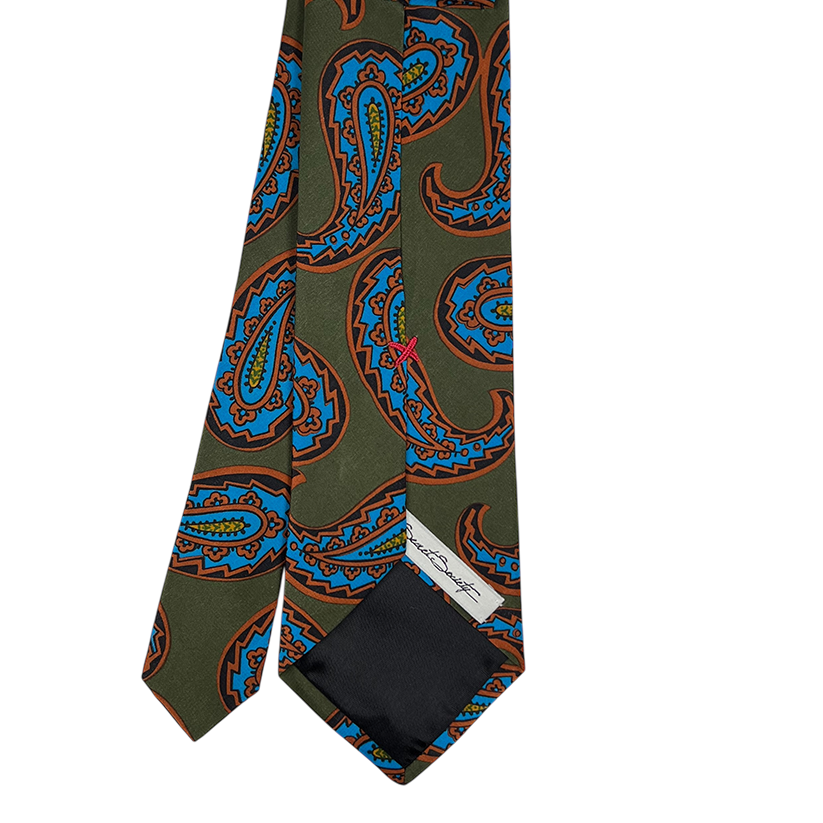 Tie - Olive w/ Sky and Orange Exploded Paisley