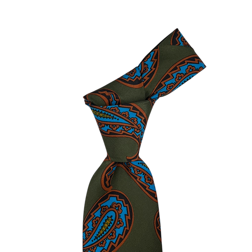 Tie - Olive w/ Sky and Orange Exploded Paisley