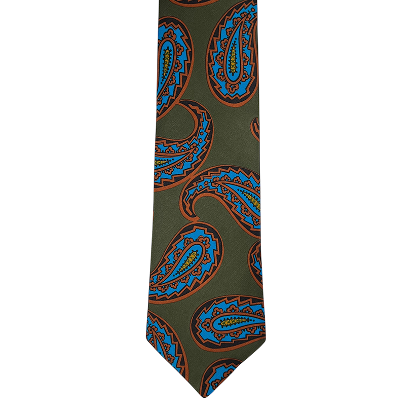 Tie - Olive w/ Sky and Orange Exploded Paisley