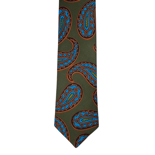 Tie - Olive w/ Sky and Orange Exploded Paisley