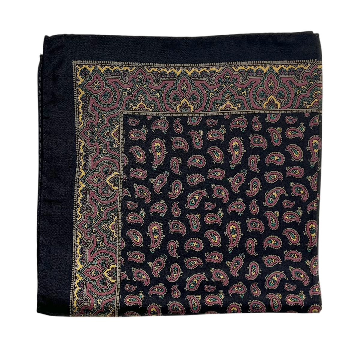 Pocket Square - Black, Dusty Rose and Tan Silk Paisley Foulard
