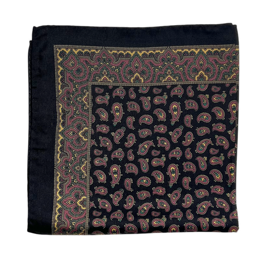 Pocket Square - Black, Dusty Rose and Tan Silk Paisley Foulard