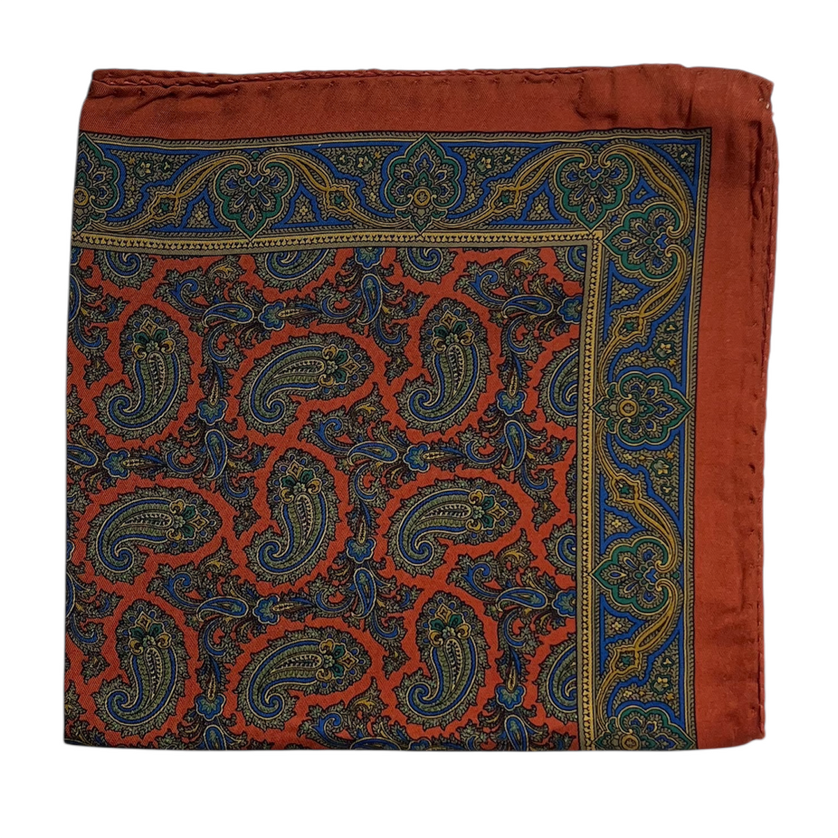 Pocket Square - Burnt Orange, Mustard and Blue Silk Paisley