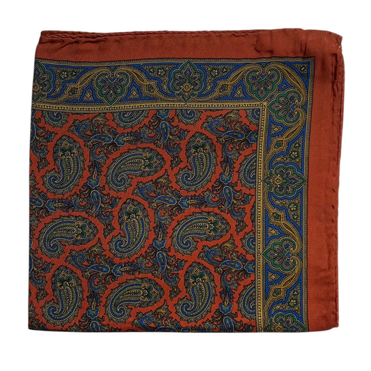 Pocket Square - Burnt Orange, Mustard and Blue Silk Paisley