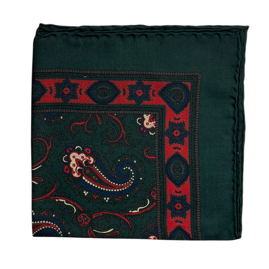 Pocket Square - Dark Green and Orange Paisley