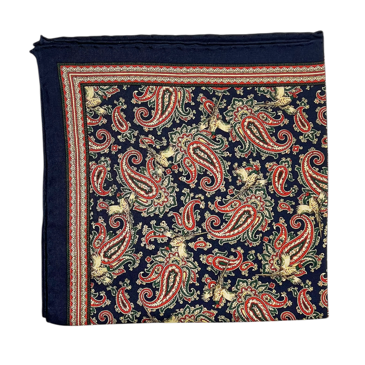 Pocket Square - Navy, Orange and Green Pheasant Paisley