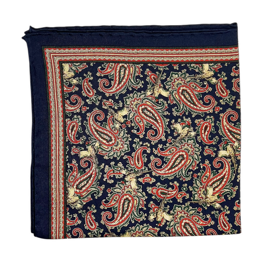 Pocket Square - Navy, Orange and Green Pheasant Paisley
