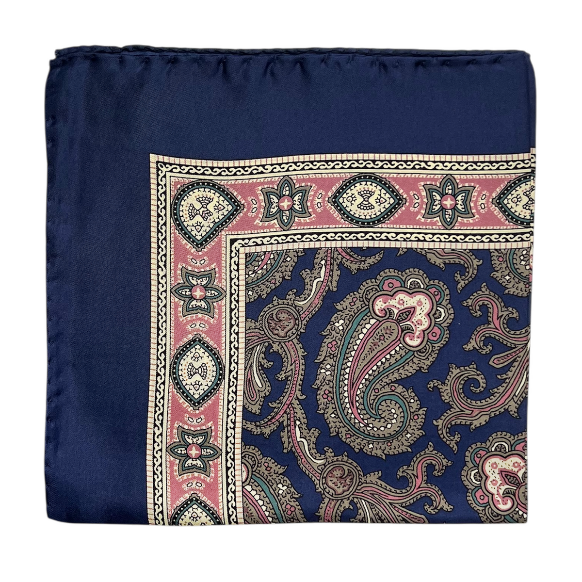 Pocket Square - Navy, Pink and Tan Paisley Silk