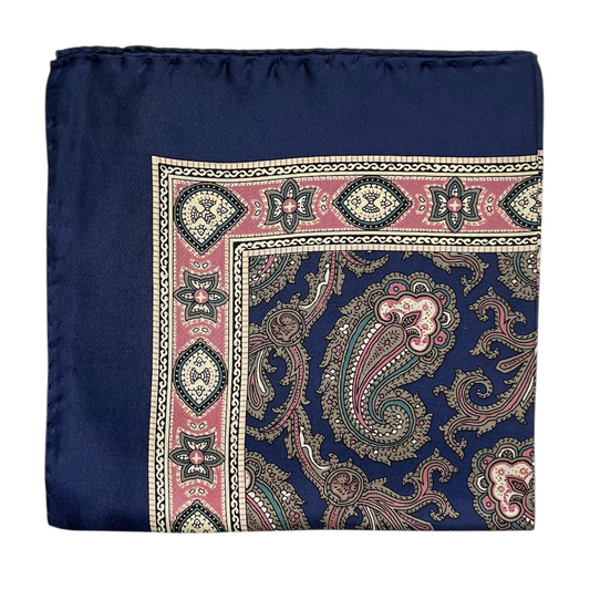 Pocket Square - Navy, Pink and Tan Paisley Silk