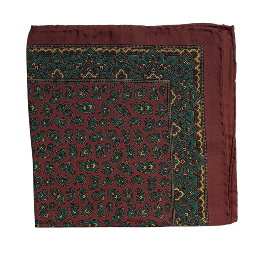 Pocket Square - Terracotta, Green and Tan Foulard Silk