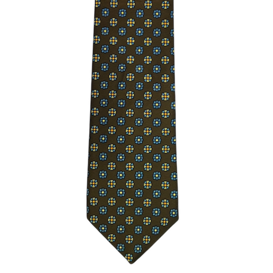 Tie - Brown Yellow and Lt Blue Foulard