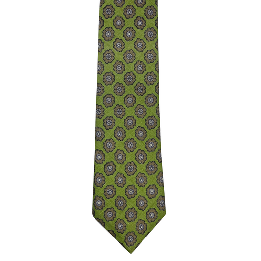 Tie - Lime Green and Tan Linen Foulard